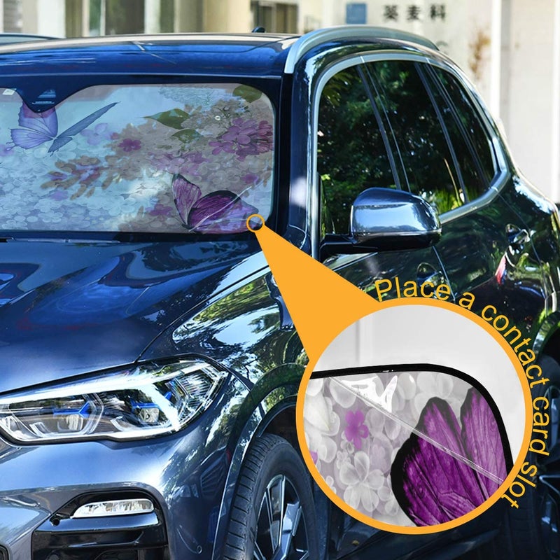 senya Car Windshield Sunshade Butterflies Flowers Purple Pattern, Blocks Sun Visor Protector Foldable Sun Shield Keep Your Vehicle Cool, Fits Windshields of Most Sizes - Image 3